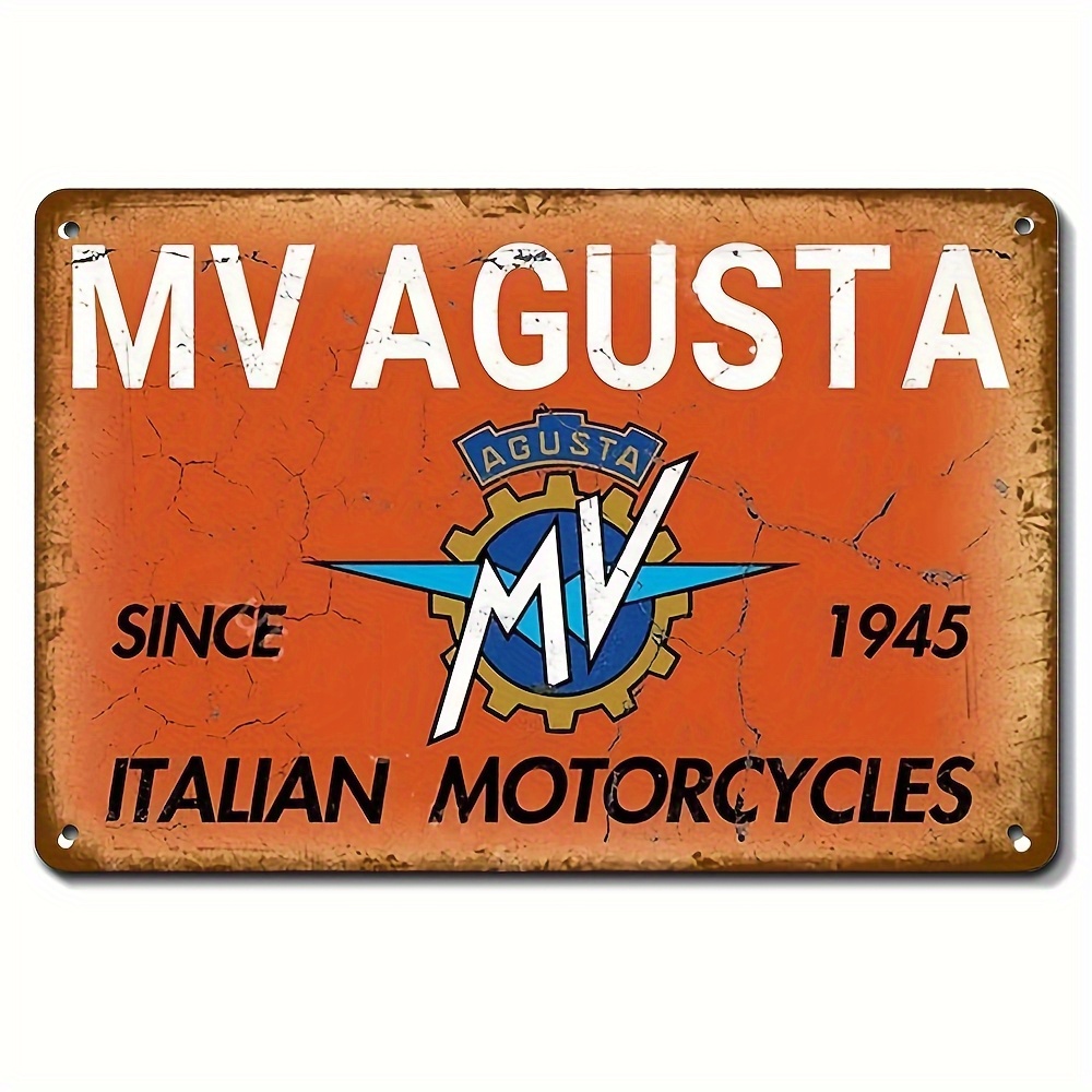 Vintage Collectible Plates - ヴィンテージ MV アグスタ イタリア製オートバイメタルサイン - ガレージや自宅用のレトロな壁飾り、クラシックなオレンジのエンブレムデザイン、耐久性あり