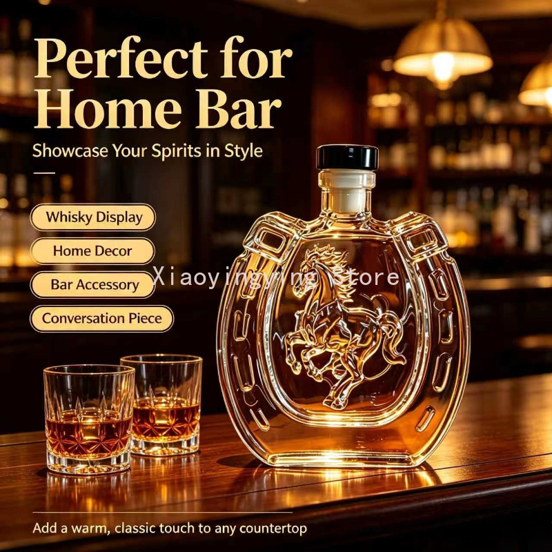 Vintage Collectible Liquor Bottles - ヴィンテージ馬柄エンボス加工ガラス製ワインデキャンタ、馬蹄形のリキュールボトル、ウイスキー、バーボン、ホームバーコレクション用