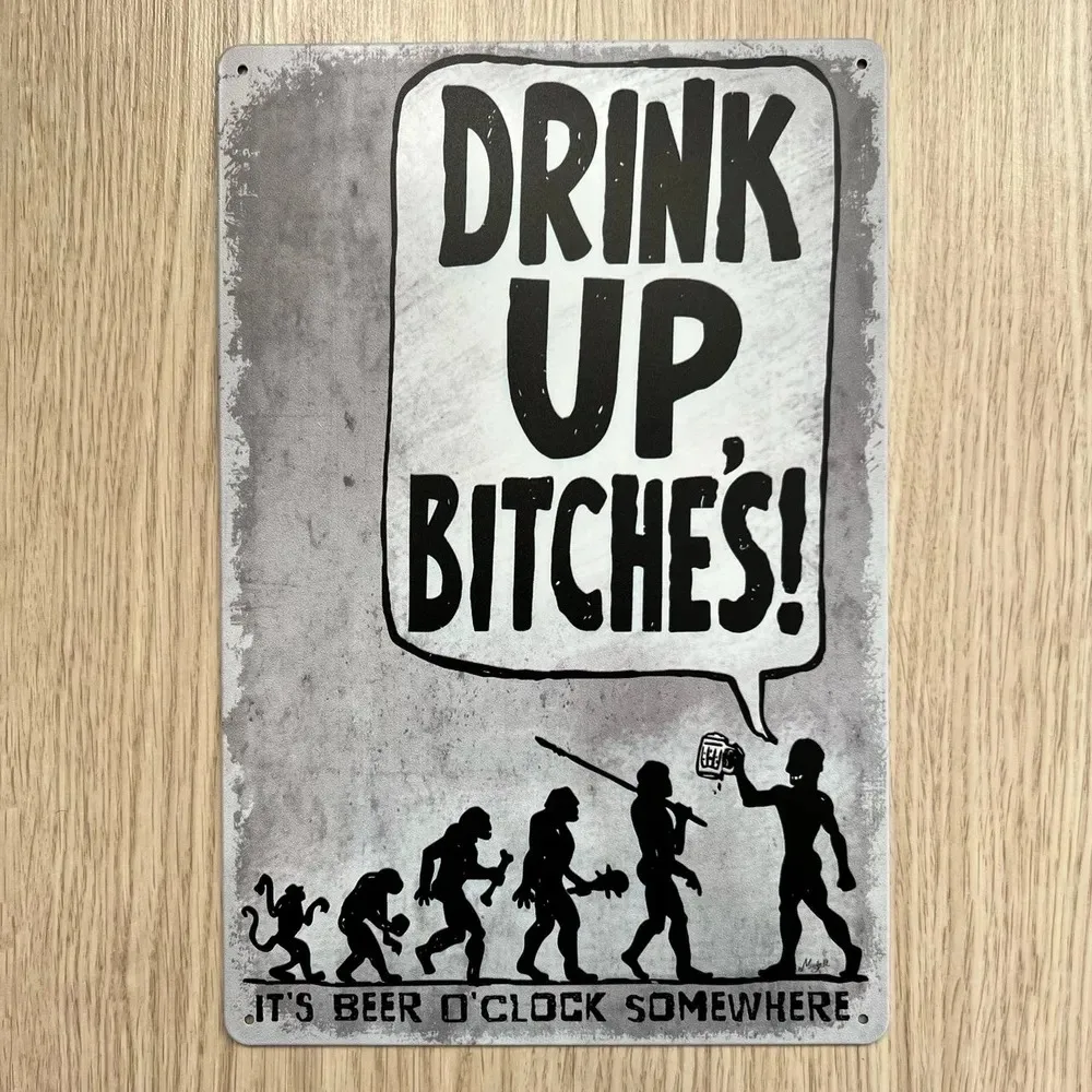 ブリキ製のサイン - 人類の進化をテーマにしたビールに関する - Vintage Collectible Plates のレビューと価格