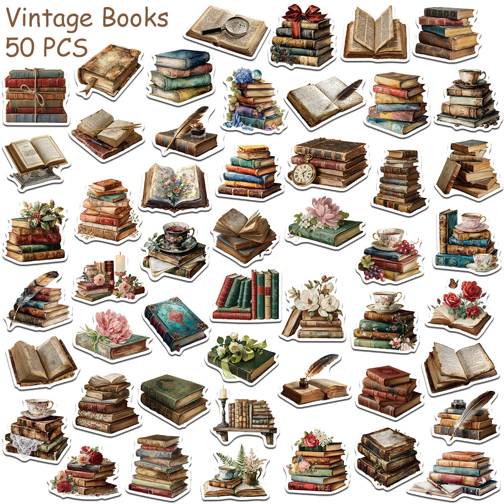 50 個ヴィンテージブックステッカーデカールラップトップスク - Vintage Collectible Books のレビューと価格